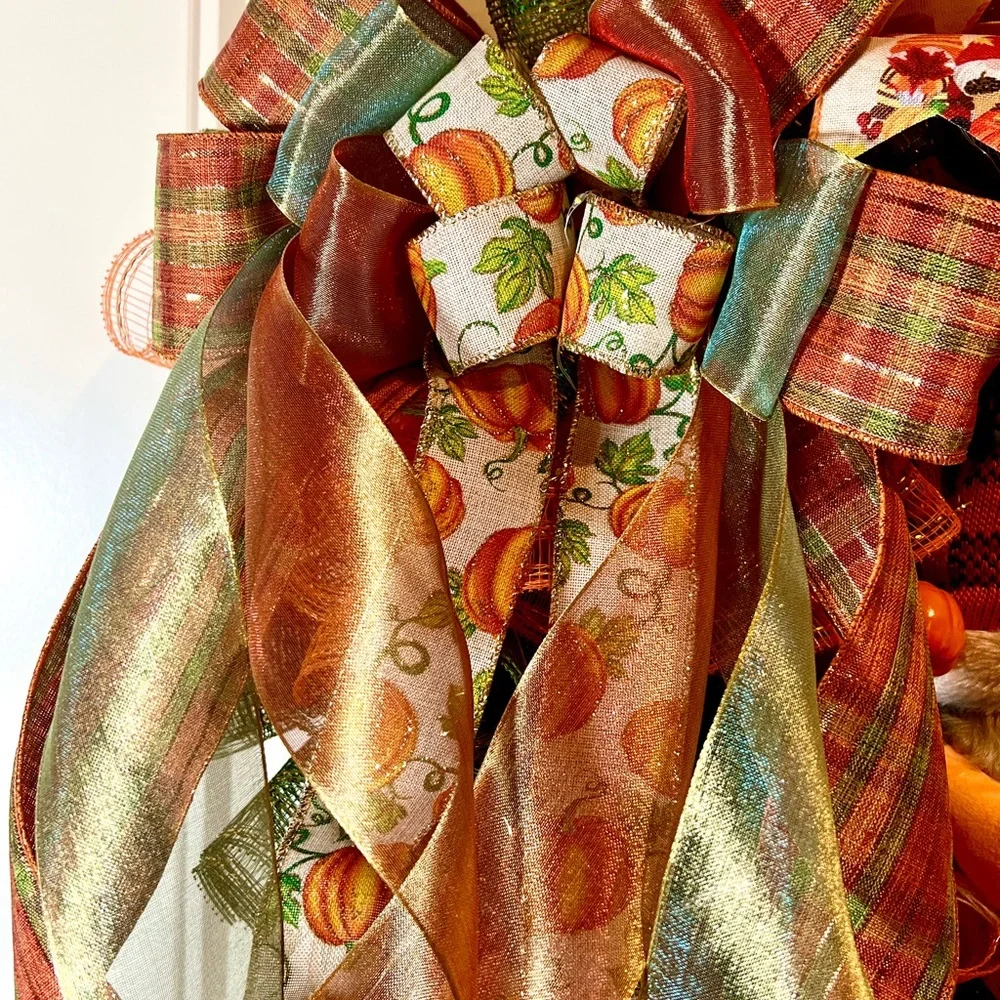 Autum Fall Ribbon Wreath Pumpkin Gnome Handmade 22 in’s. #W2